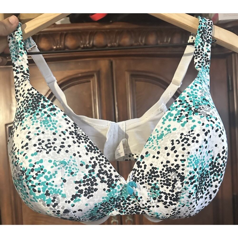 Cacique White Black Teal Polka Dot T-Shirt Bra 40DDD Underwired Adjustable Strap